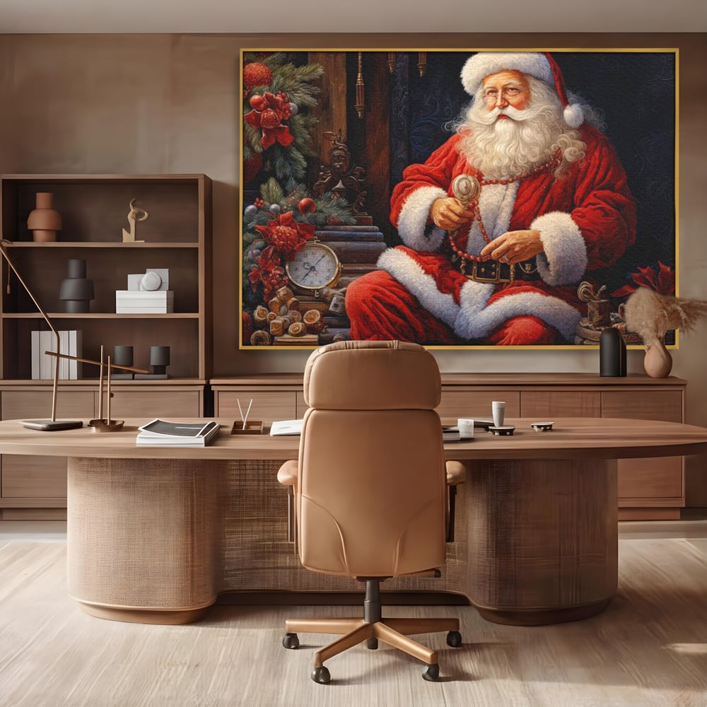 Tablou canvas cu mos craciun cu haina rosie, in rama de aluminiu auriu, pe perete intr-un birou